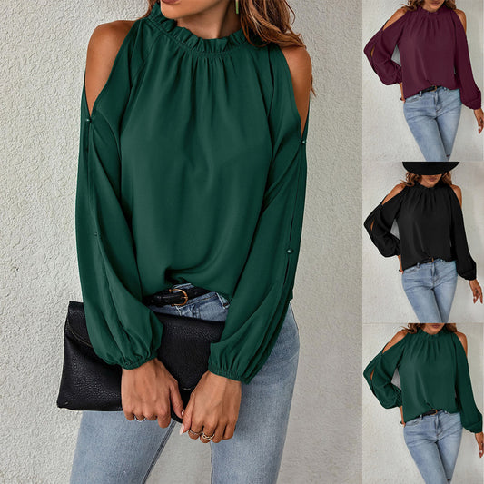 Vivienne Womens Tops Cold Shoulder Ruffle Collar Blouses Fall Fashion